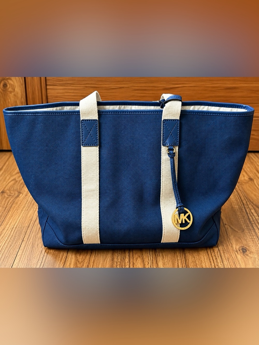 Michael Kors Navy Canvas Tote with Cream Straps and Gold MK Charm